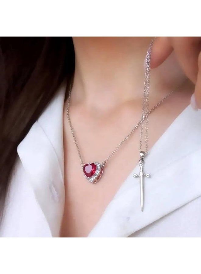 Valentine’s Day Heart & Sword Couple Necklace – Stainless Steel Chain – Red Crystal Heart Pendant – Anti‑Fade - Image 2